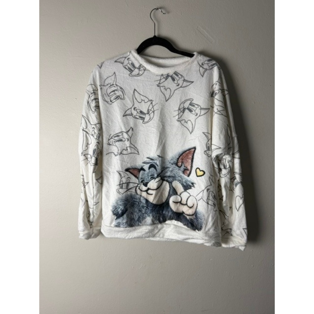 Tom and Jerry White Fleece Sweatshirt Womens Small Tom Cat Graphic Pullover
